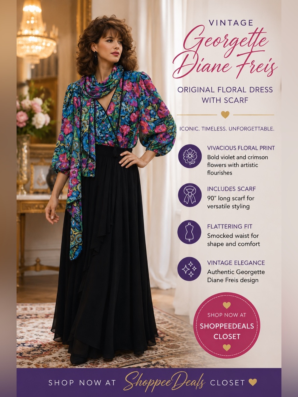 Vintage Diane Freis Original Floral Georgette Maxi Dress with Matching Scarf
